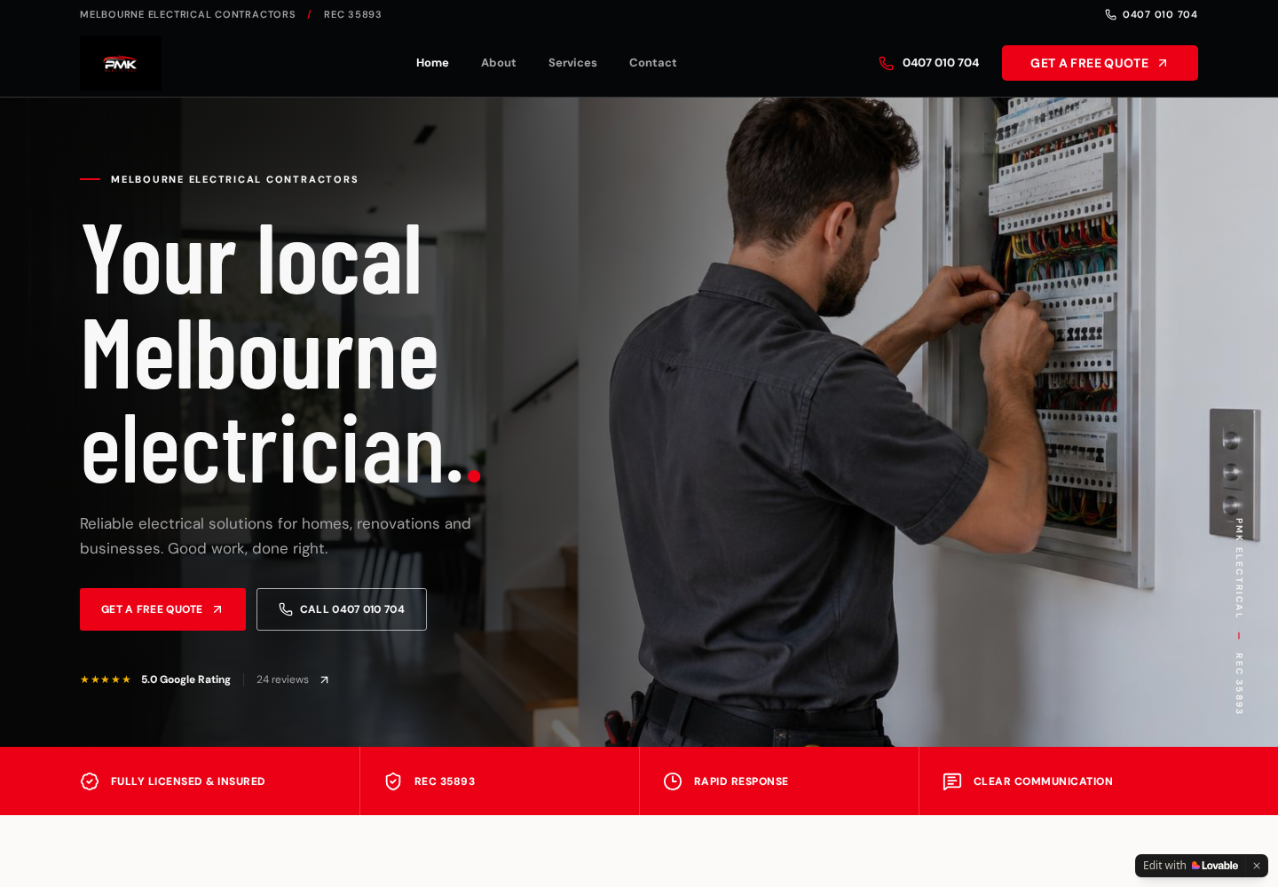 PMK Electrical homepage with red accents and an electrician working on a switchboard