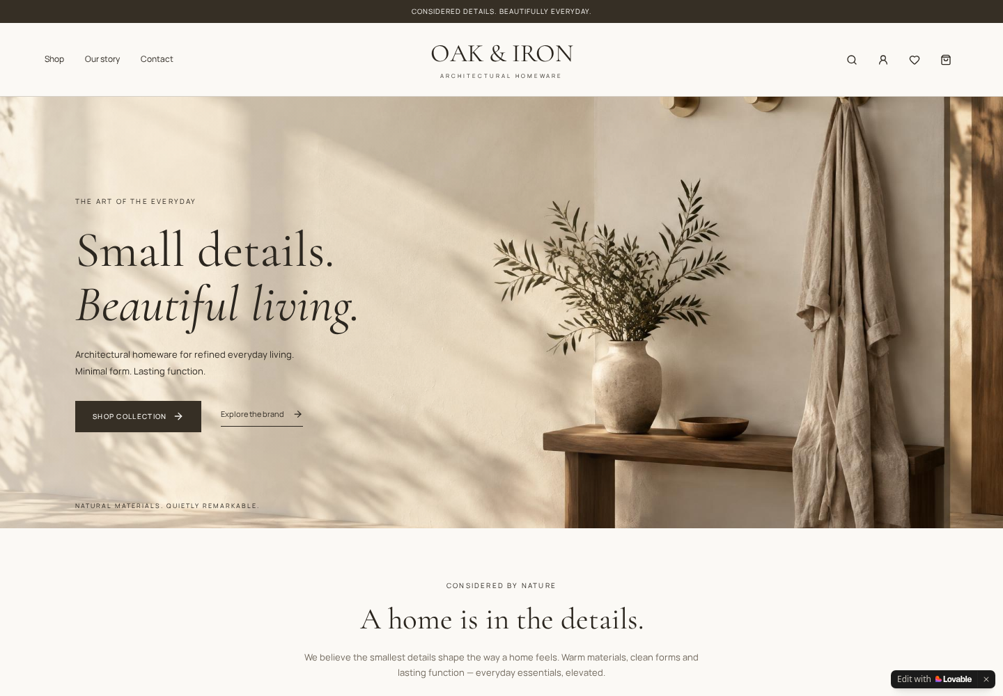 OAK & IRON homepage featuring architectural homeware, warm natural materials and a timber console