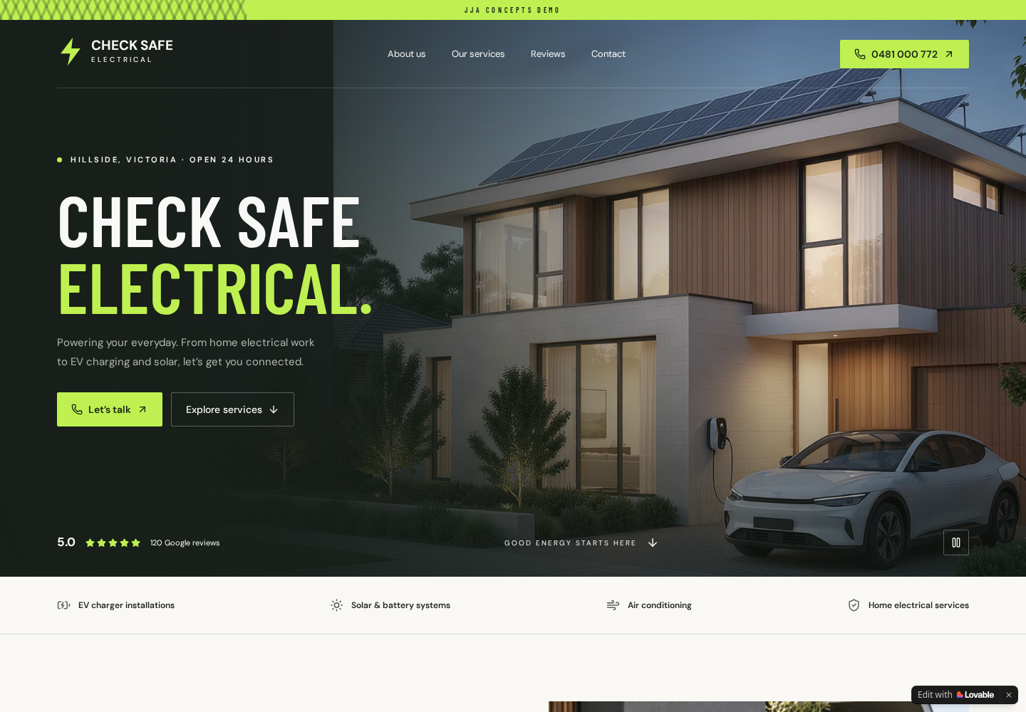 Check Safe Electrical homepage with lime accents and a modern home with solar panels and an electric vehicle