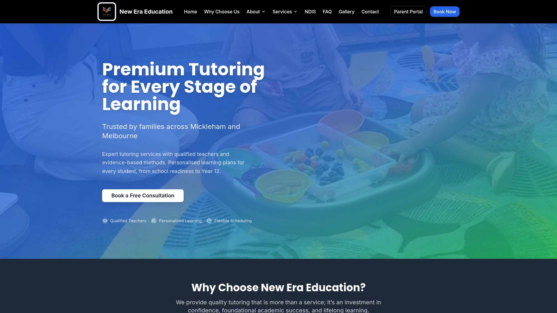 New Era Education website homepage showing its tutoring services