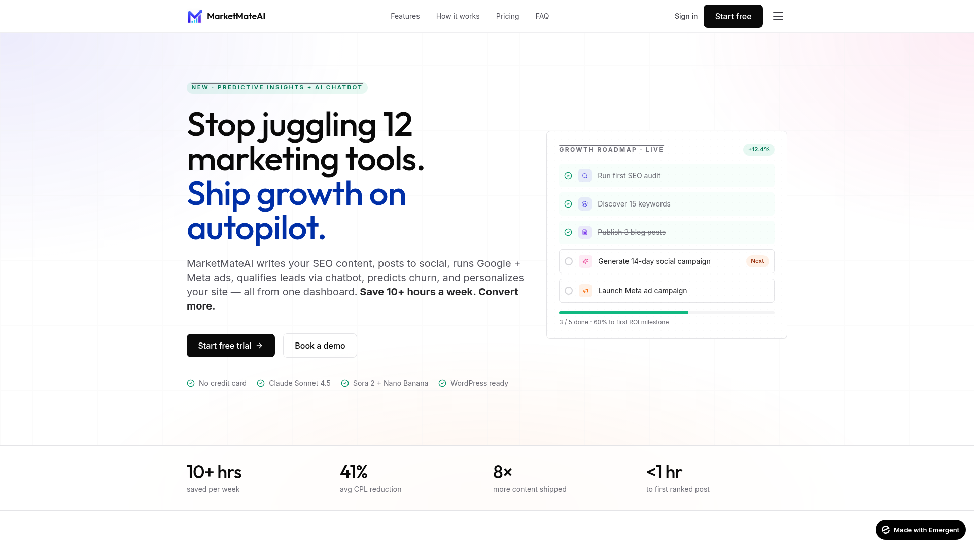 MarketMate AI website homepage showing the growth platform dashboard