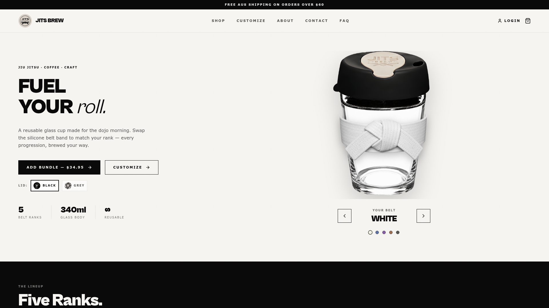 JitsBrew website homepage showing the branded reusable glass cup